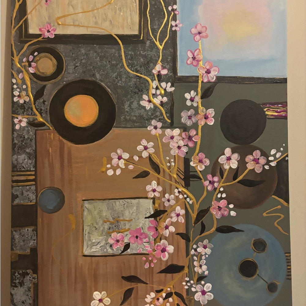 Abstract Floral Art with Pink and Gold Accents